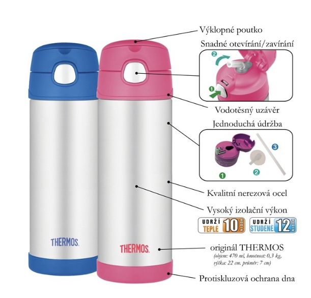 Dětská termoska s brčkem - růžová 470ml
