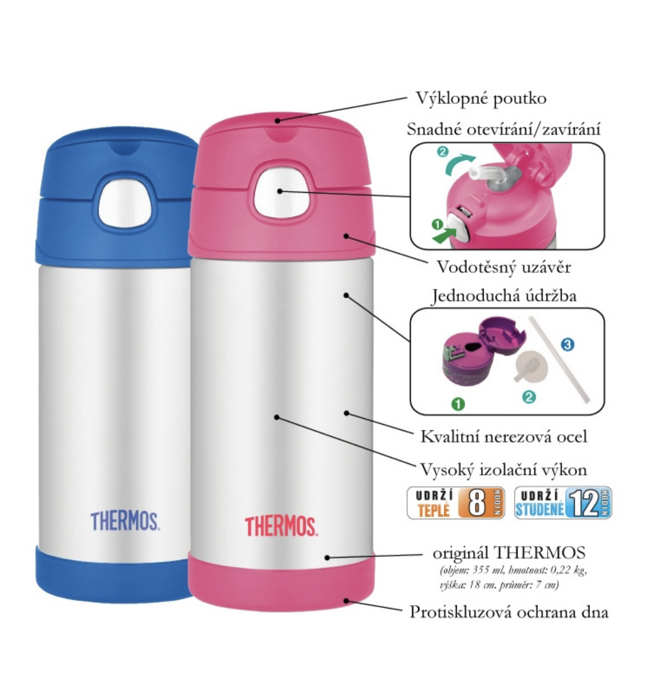 Dětská termoska s brčkem - růžová 355ml
