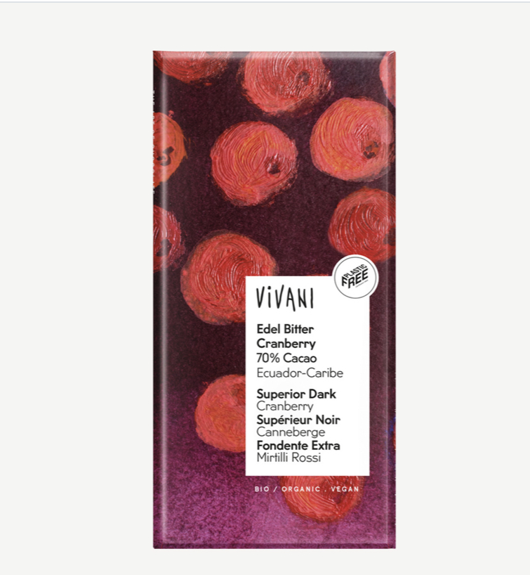 Čokoláda hořká s kousky BRUSINEK BIO vegan - 100g Vivani