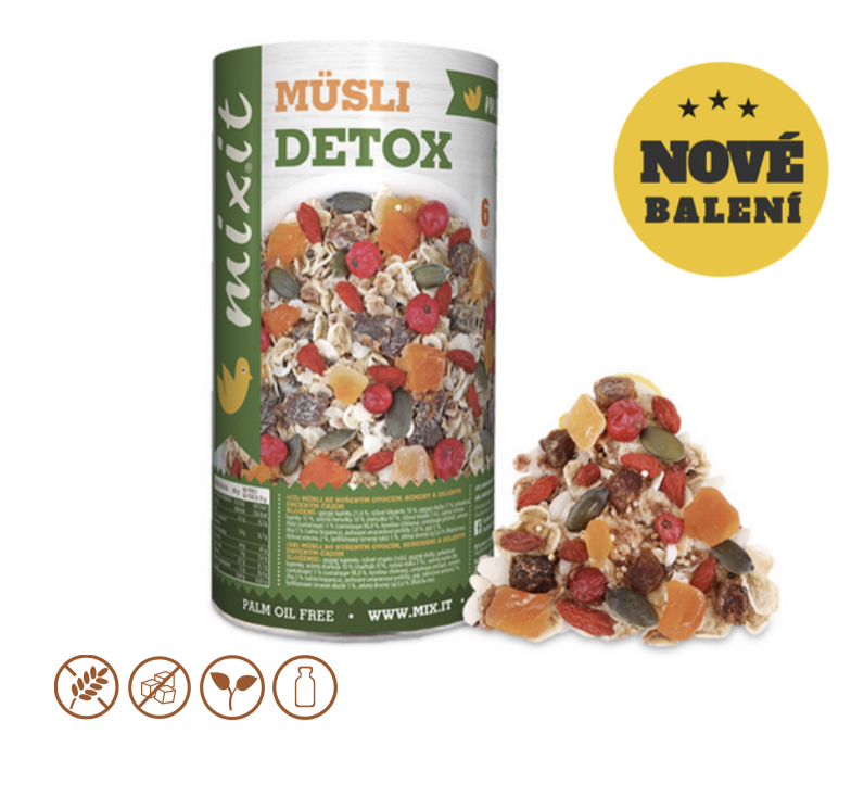 Müsli zdravě II: Detox (VO) Müsli se sušeným ovocem, semeny a zeleným drceným čajem Váha: 430 g