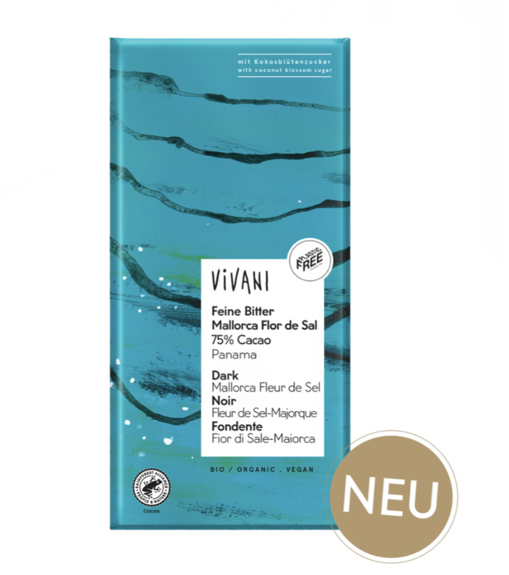 Čokoláda hořká 75% s mořskou solí (FLOR DE SAL) BIO vegan - Vivani 80g exp 5/2023