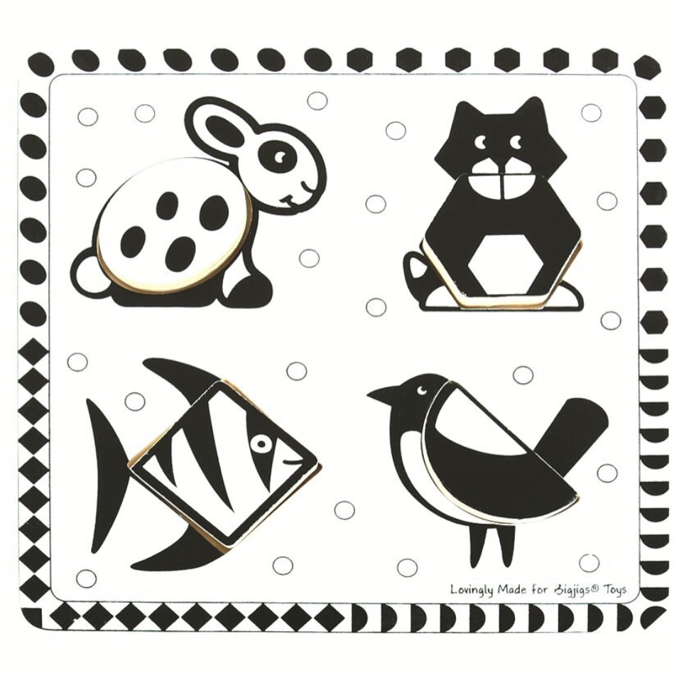Dřevěné vkládací puzzle černobílé tvary Liška od 10m